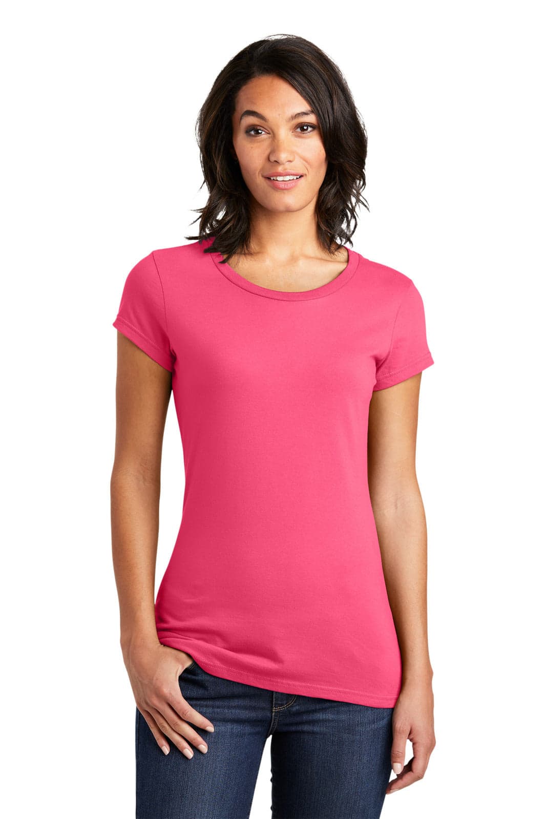 A pink juniors t-shirt with short sleeves, featuring a fitted silhouette and a small logo.