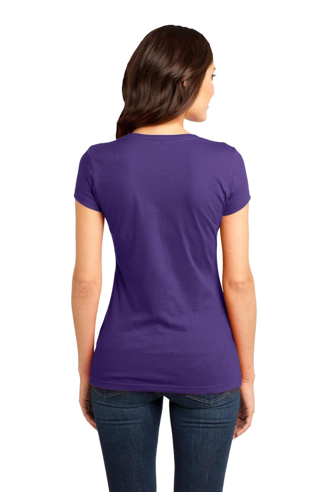 A purple juniors' t-shirt with short sleeves, viewed from the back, featuring a branded label.