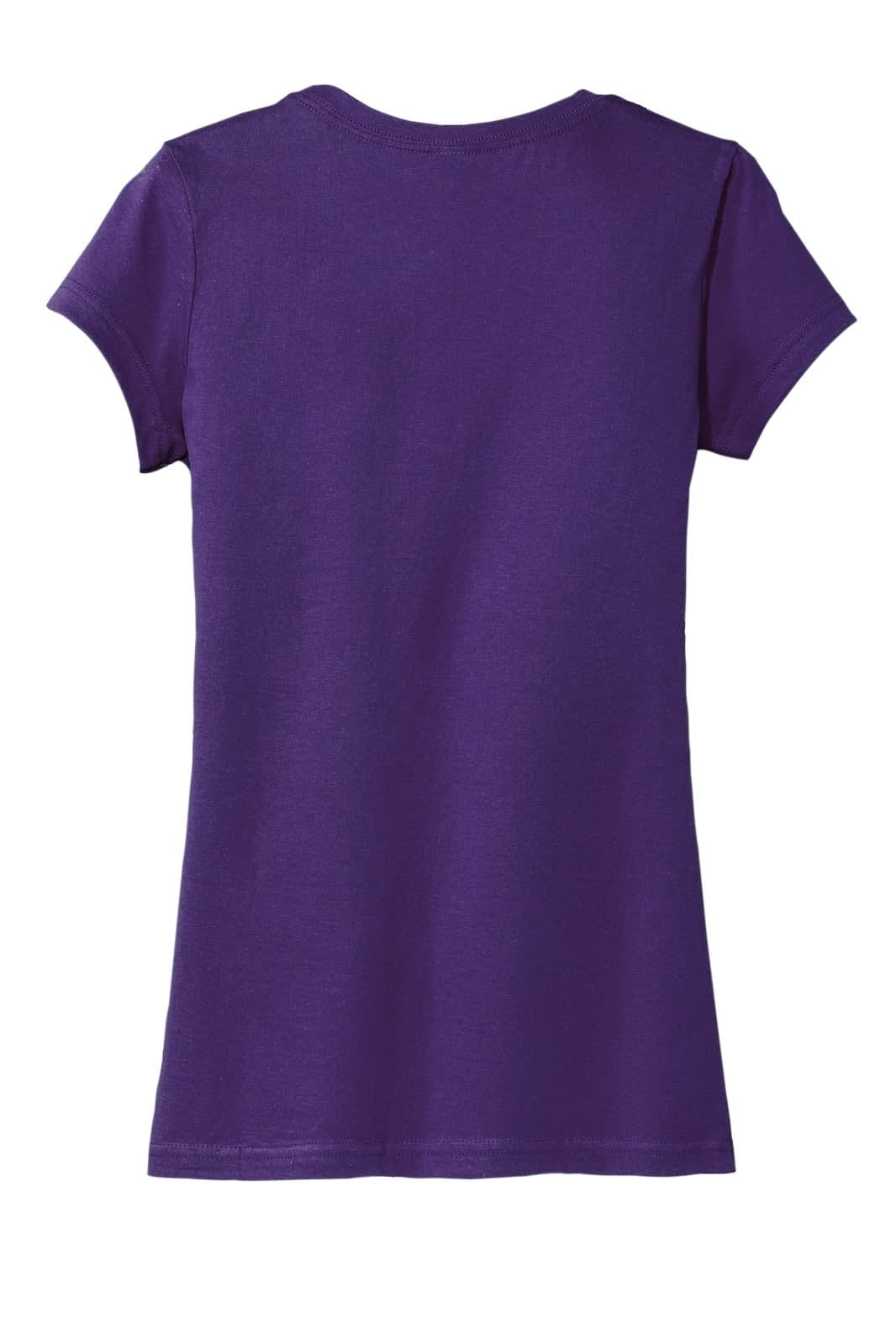 A purple juniors' T-shirt with short sleeves and a fitted shape, featuring a logo on the back.
