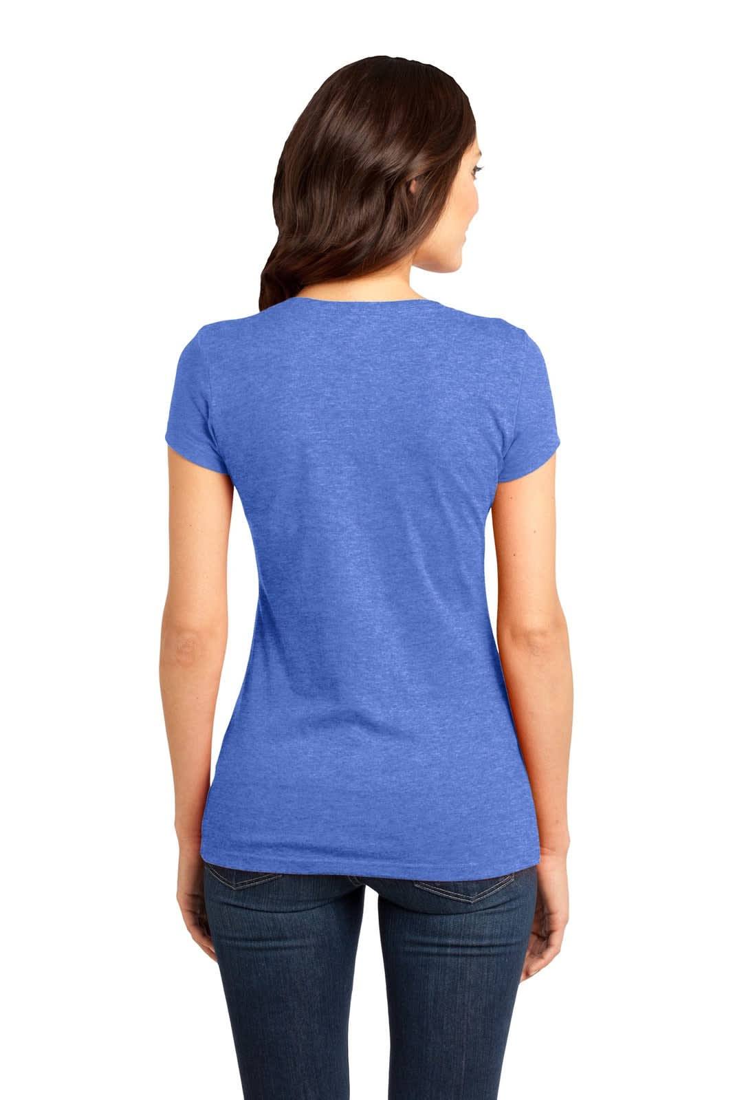 A woman is wearing a blue juniors t-shirt, viewed from the back, with short sleeves and a fitted style.