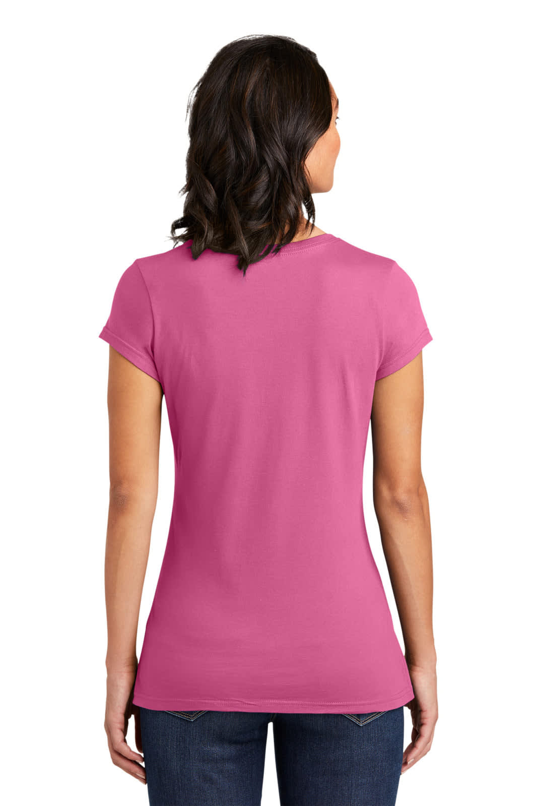 A pink junior's t-shirt with a fitted design, featuring short sleeves and a round neckline, displayed from the back.