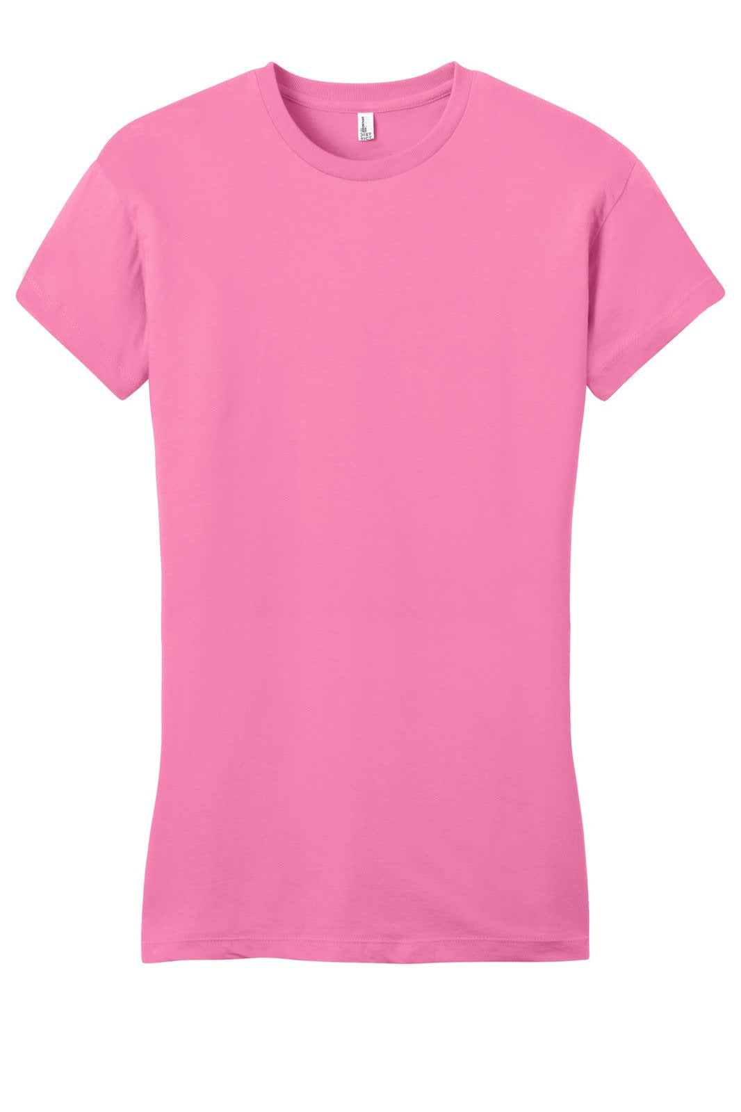 A pink junior's t-shirt with short sleeves and a fitted design, featuring a logo.