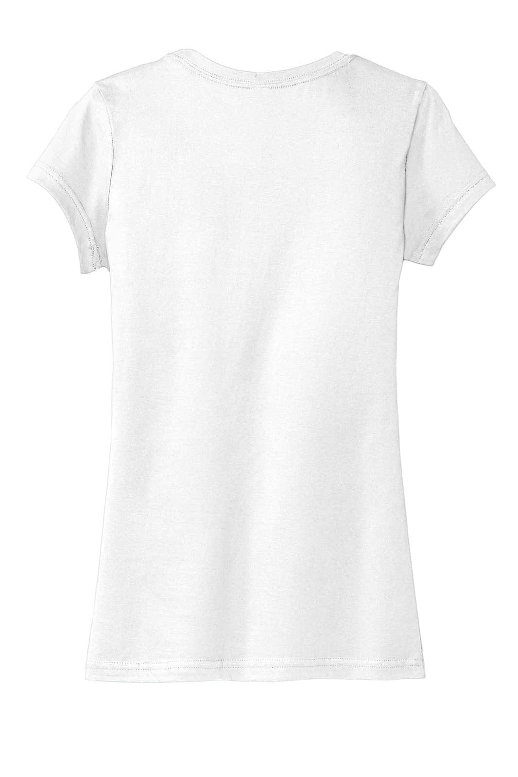 A white juniors t-shirt with short sleeves, featuring a fitted design and a small logo on the back.