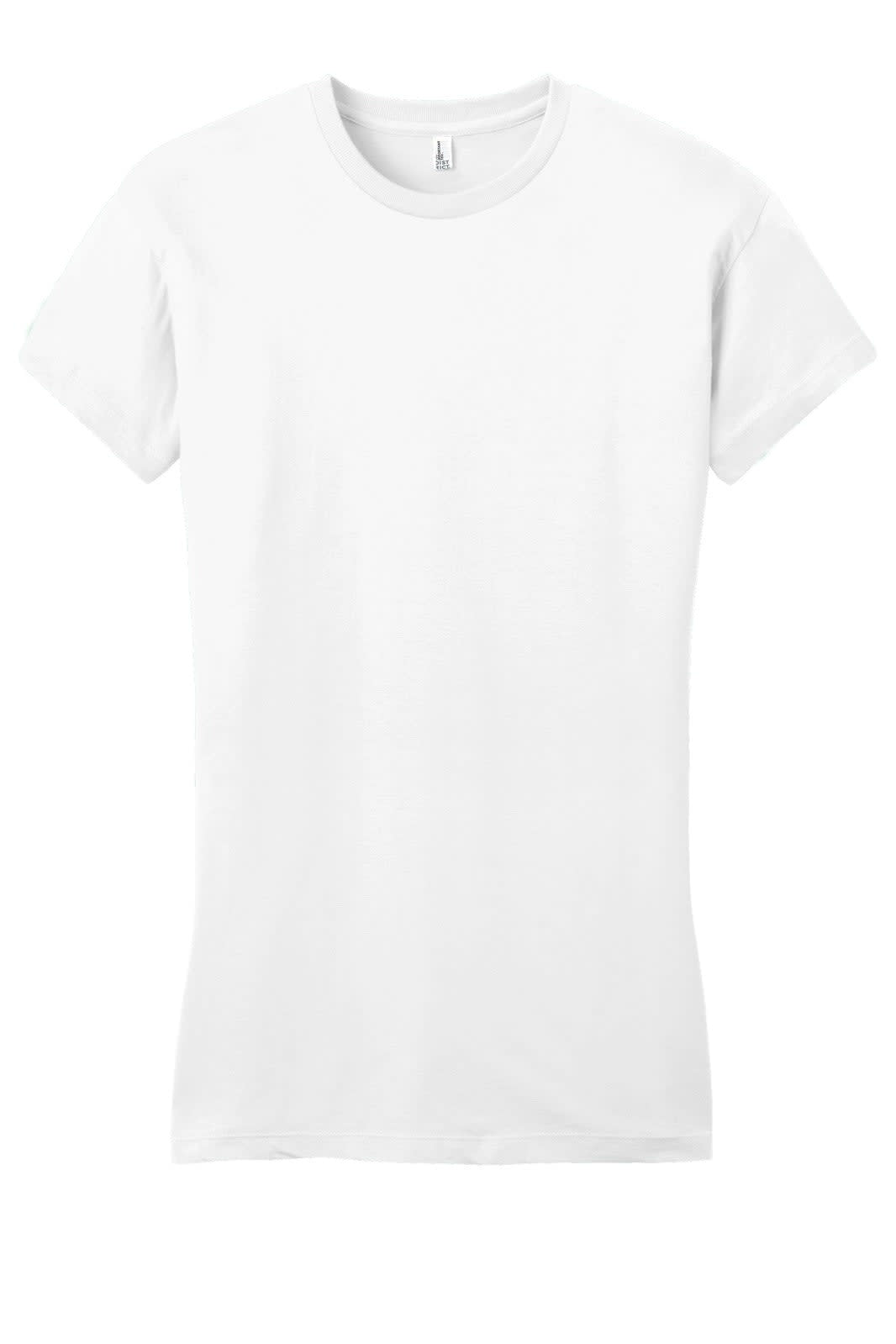 A white juniors' T-shirt with a crew neck and short sleeves, featuring a branding logo.