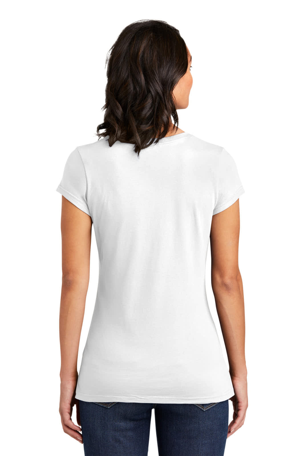 A woman wearing a white junior-fit T-shirt, viewed from the back, with a fitted style and short sleeves.