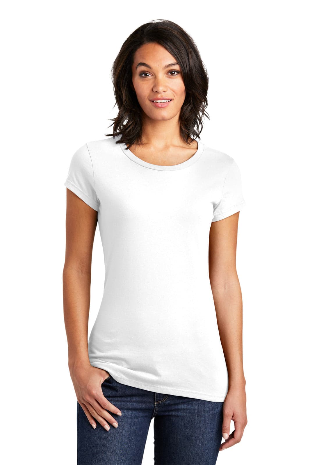 A white juniors t-shirt featuring a classic crew neck design, displayed on a model against a plain background.
