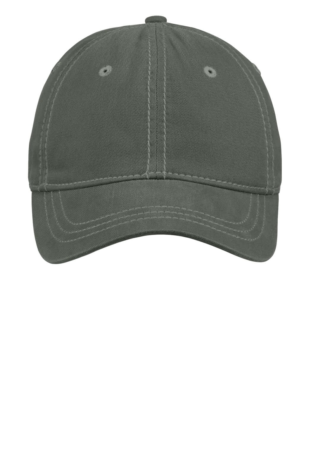 A grey cap featuring thick stitching and a logo on the front. The design includes ventilation eyelets.