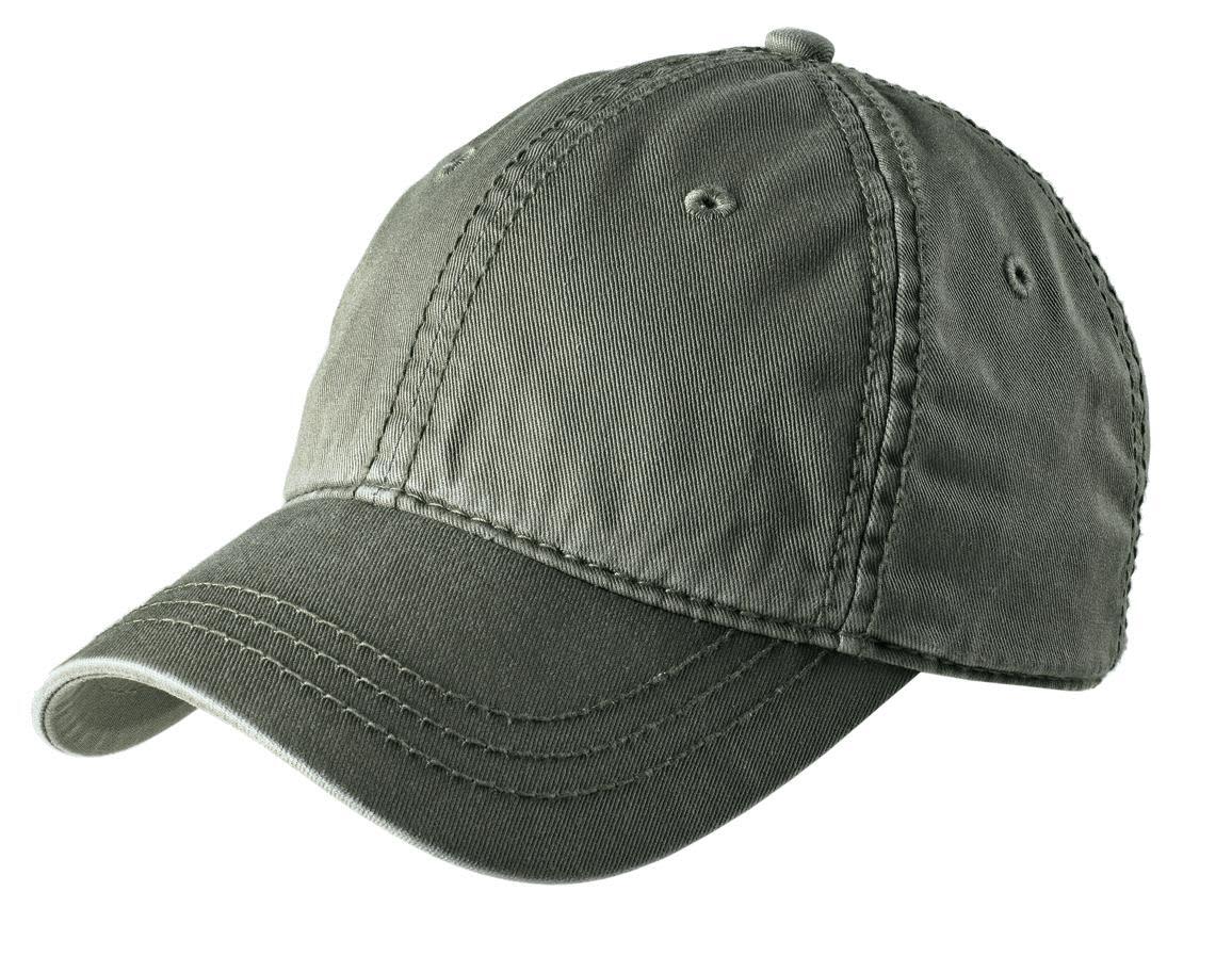 A green cap with thick stitching and a curved brim, featuring a branding logo.