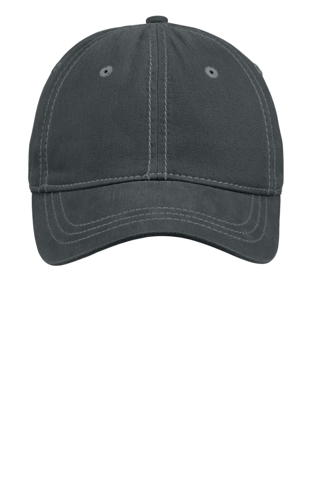 A grey cap with thick stitching, featuring six panels and ventilation eyelets, and a logo on the front.