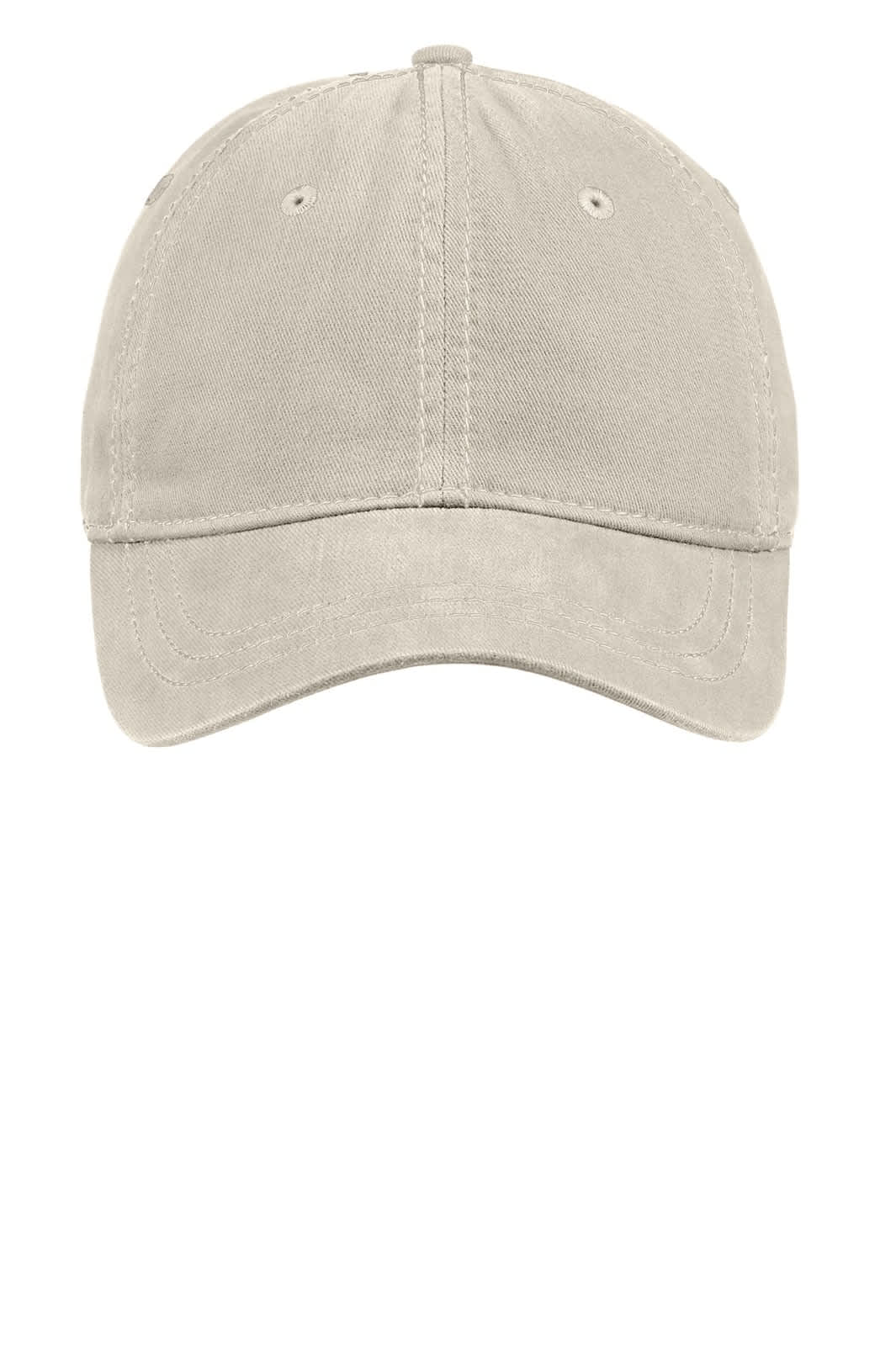 A neutral-coloured cap featuring thick stitching and a logo on the front.