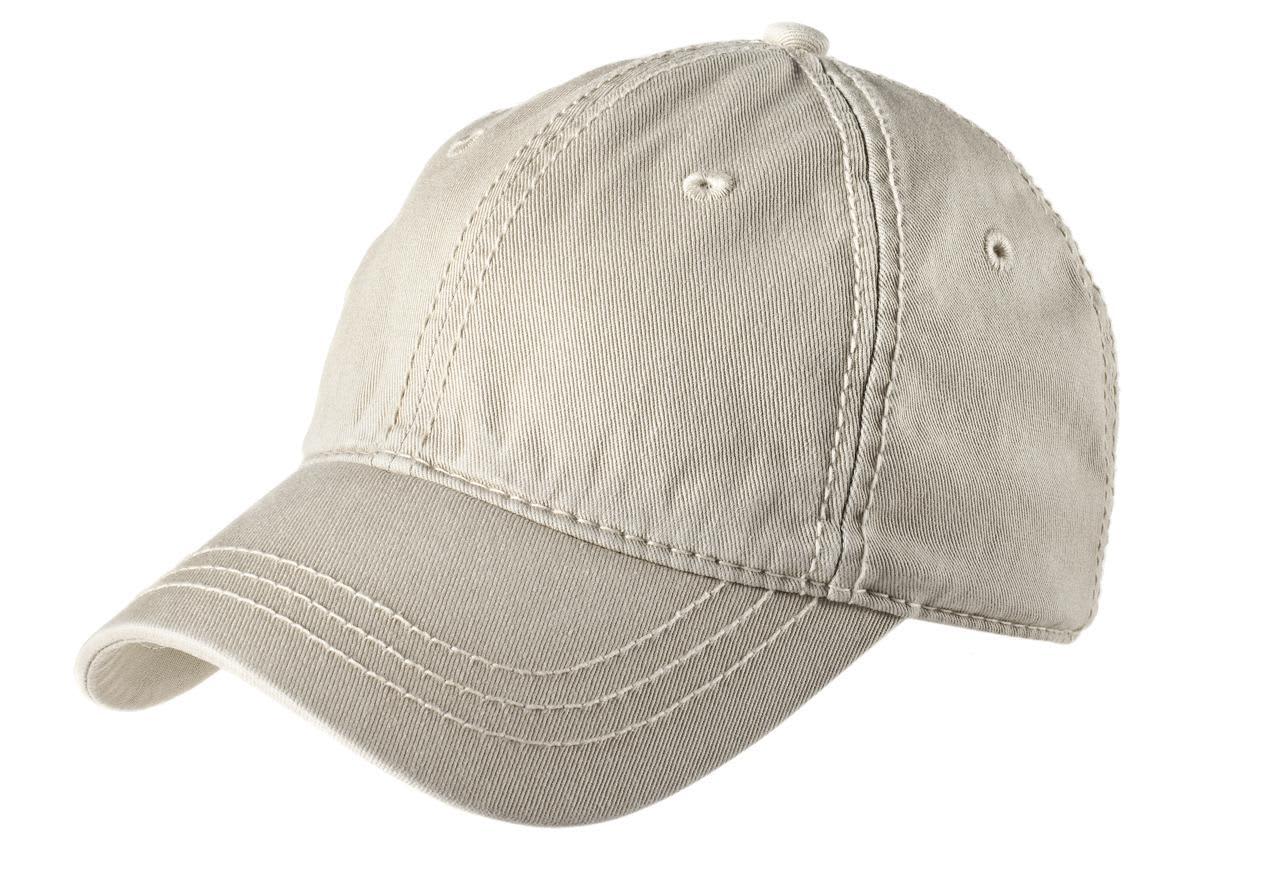 A beige cap with thick stitching, featuring a curved brim and a logo on the front.