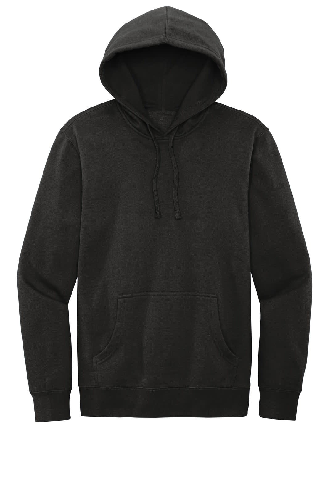 A black fleece hoodie with a front pocket and a hood, featuring a logo on the front.