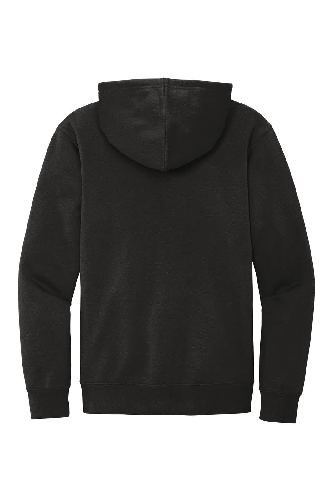 A black fleece hoodie with a zippered back, featuring a hood and long sleeves. Includes branding.