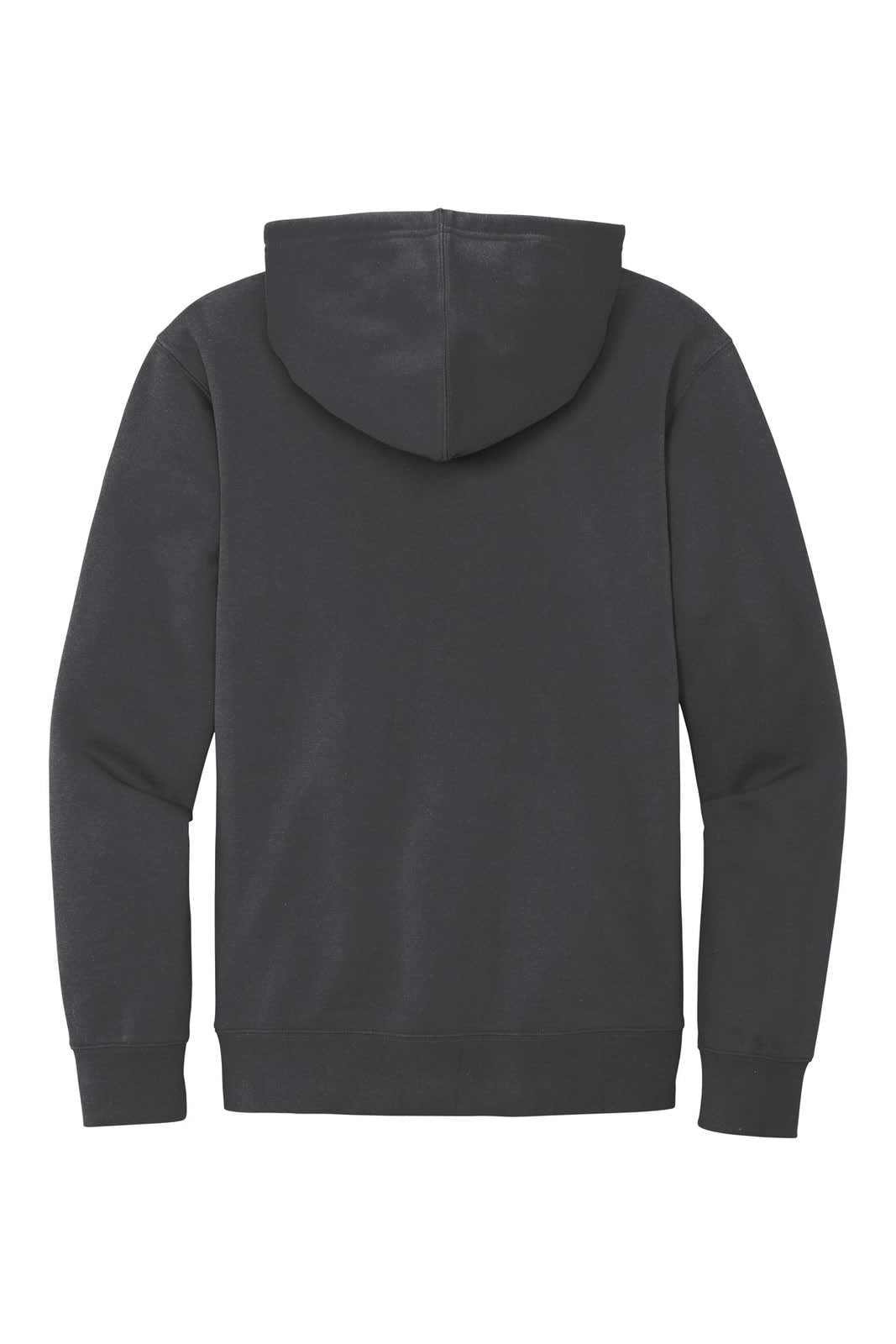 A black fleece hoodie featuring a spacious hood and a plain back design. It includes a logo on the fabric.