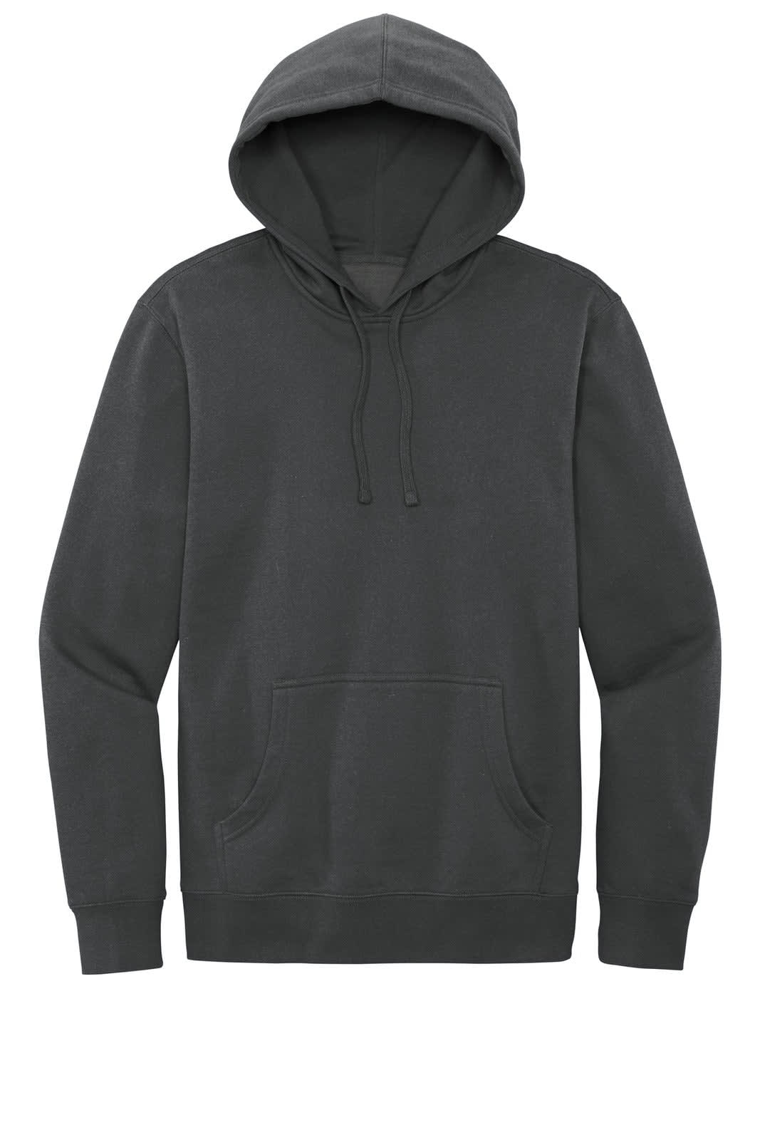 A grey fleece hoodie with a hood and a front pocket, featuring a logo on the chest area.