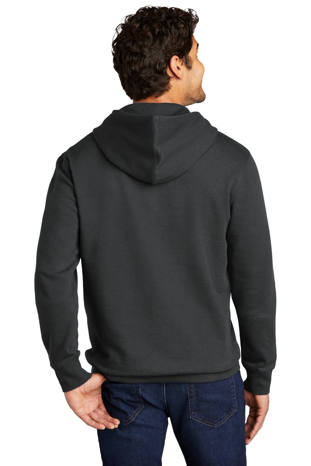 A grey fleece hoodie with a back view, featuring a hood and long sleeves. It has a logo on the back.