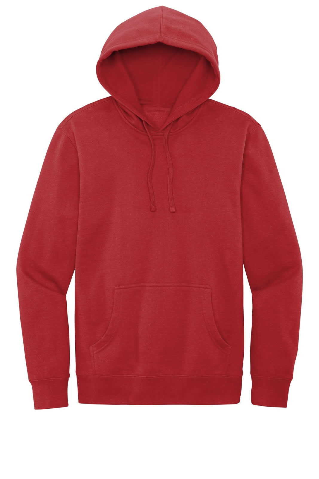 A red fleece hoodie featuring a front pocket and a drawstring hood. It includes a logo on the front.