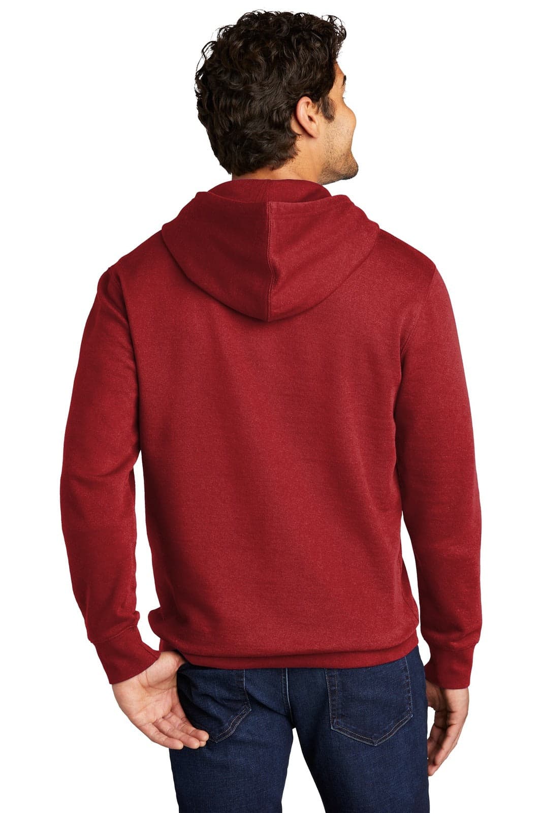 A red fleece hoodie featuring a hood, shown from the back, with a relaxed fit and a branding logo.