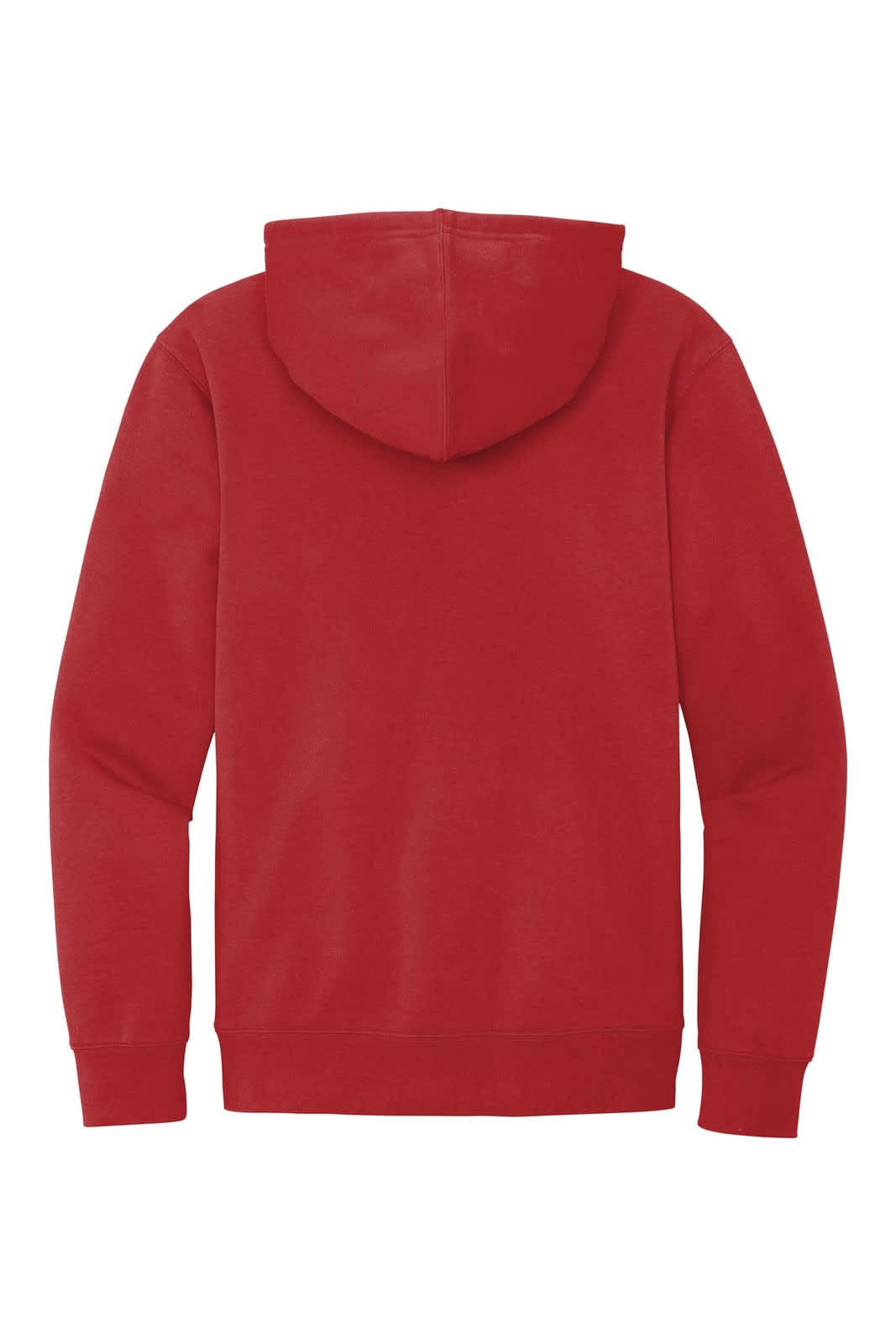 A red fleece hoodie featuring a hood and long sleeves, with a logo on the back.