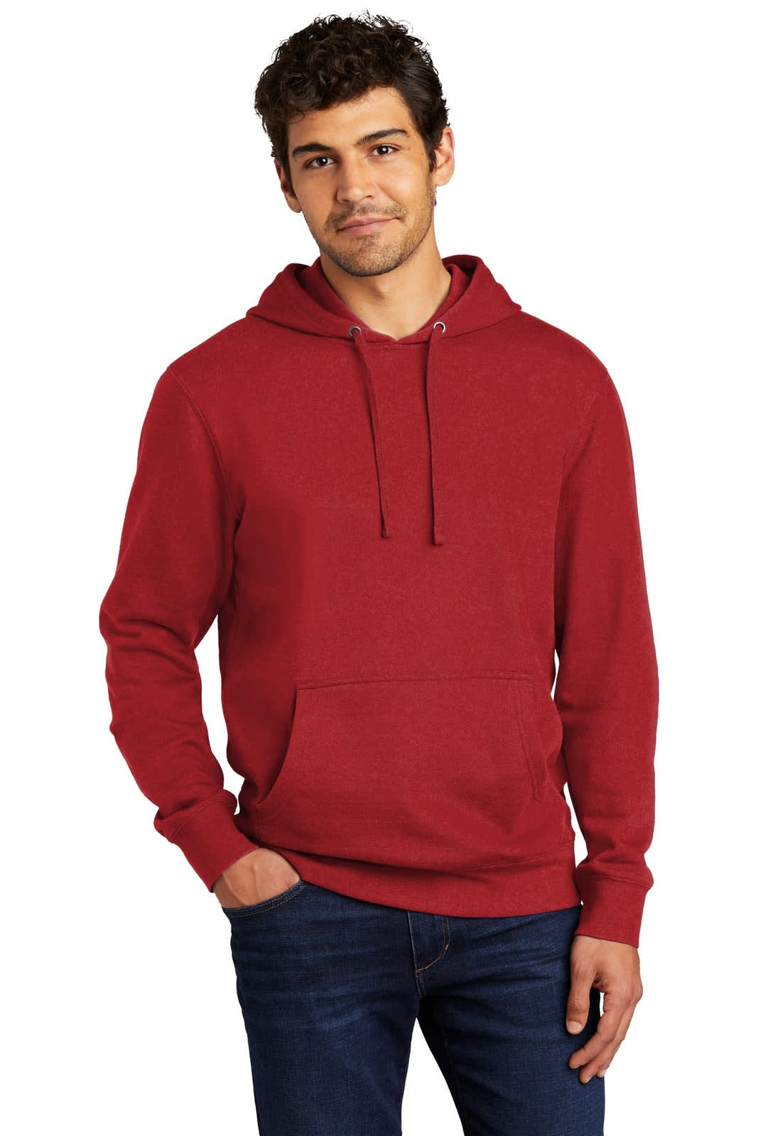 A red fleece hoodie with a front pocket and a drawstring hood on a male model, displaying a logo.