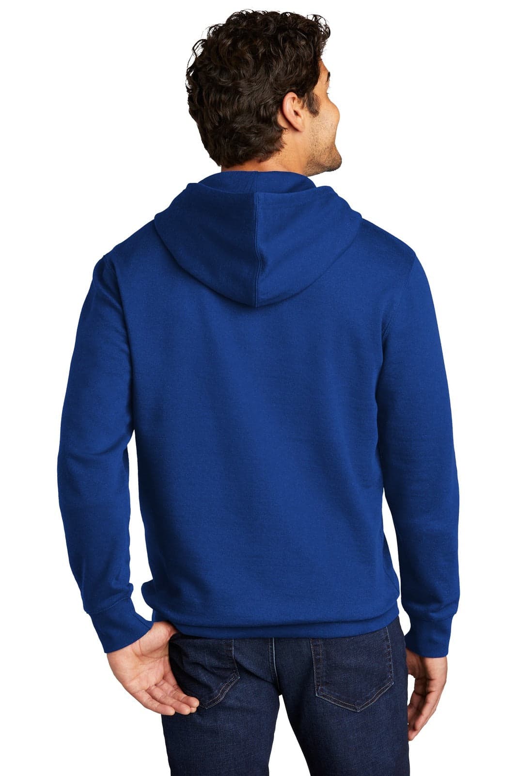 A fleece hoodie in a vibrant blue, featuring a hood and a simple design, with a small logo at the back.