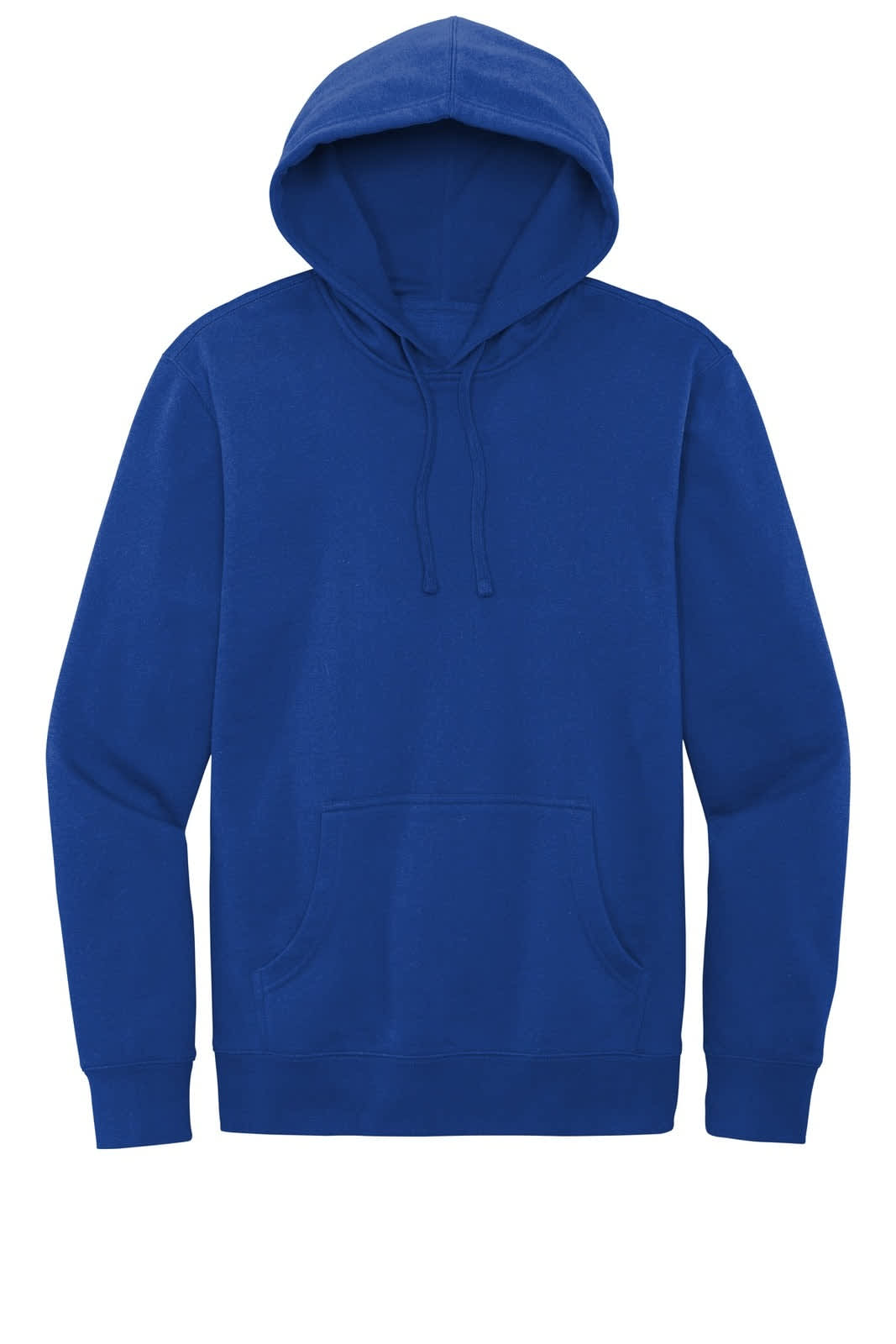 A blue fleece hoodie with a front pocket and a drawstring hood. It features a logo on the front.