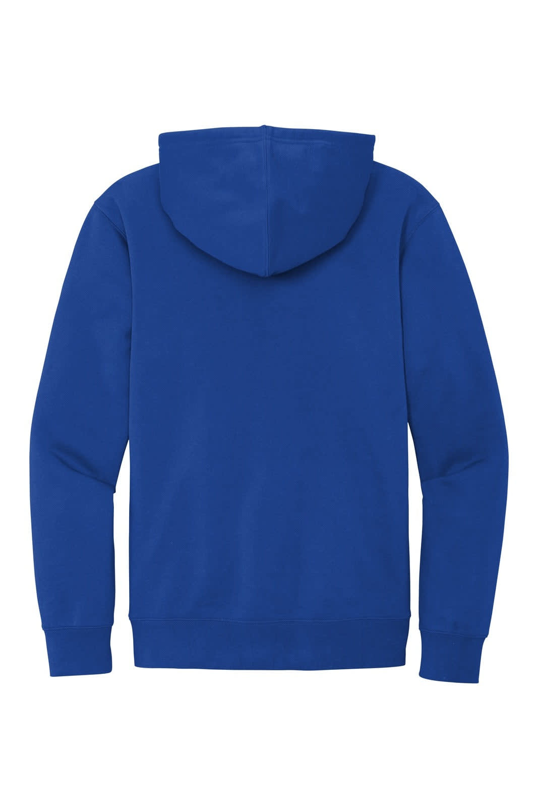 A blue fleece hoodie featuring a hood and long sleeves, with a plain back design.