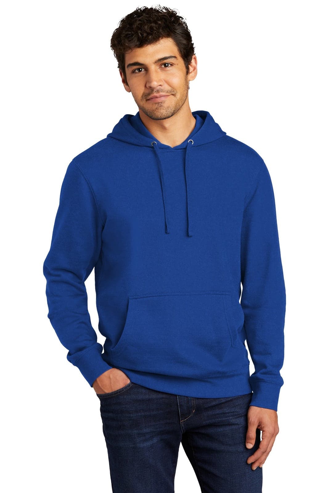 A blue fleece hoodie with a front pocket and drawstring hood, worn by a male model. It features a branding logo.