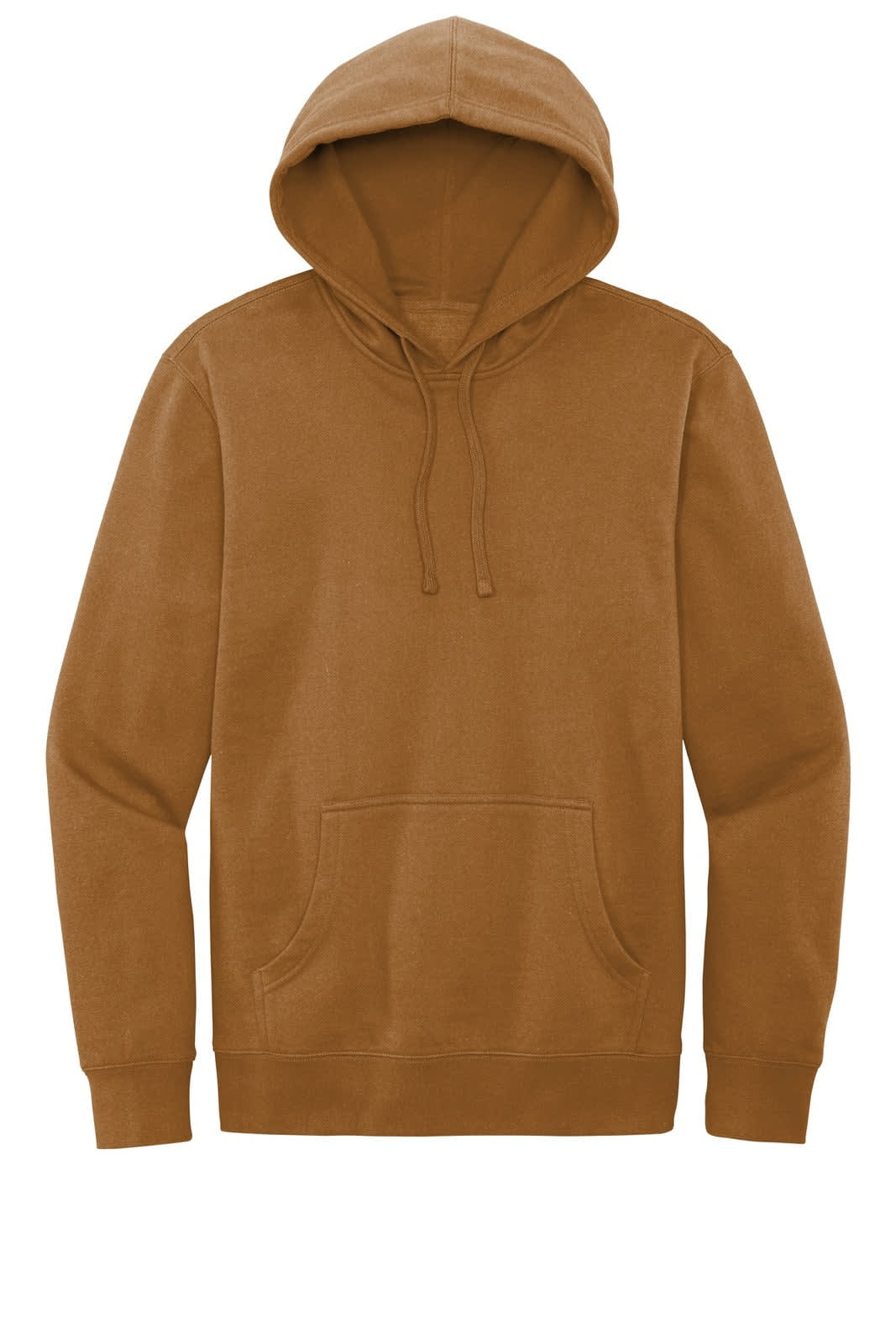A brown fleece hoodie with a kangaroo pocket and a drawstring hood. It features a logo on the front.