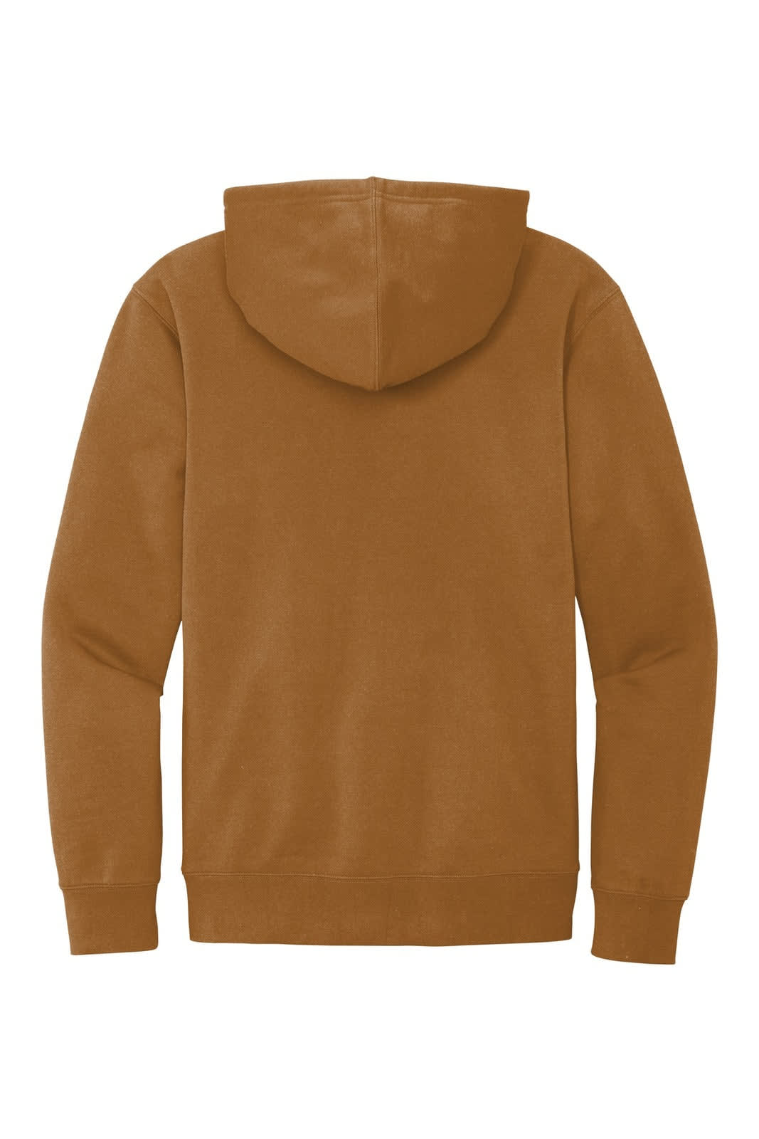 A brown fleece hoodie with a hood and long sleeves, featuring a logo on the back.