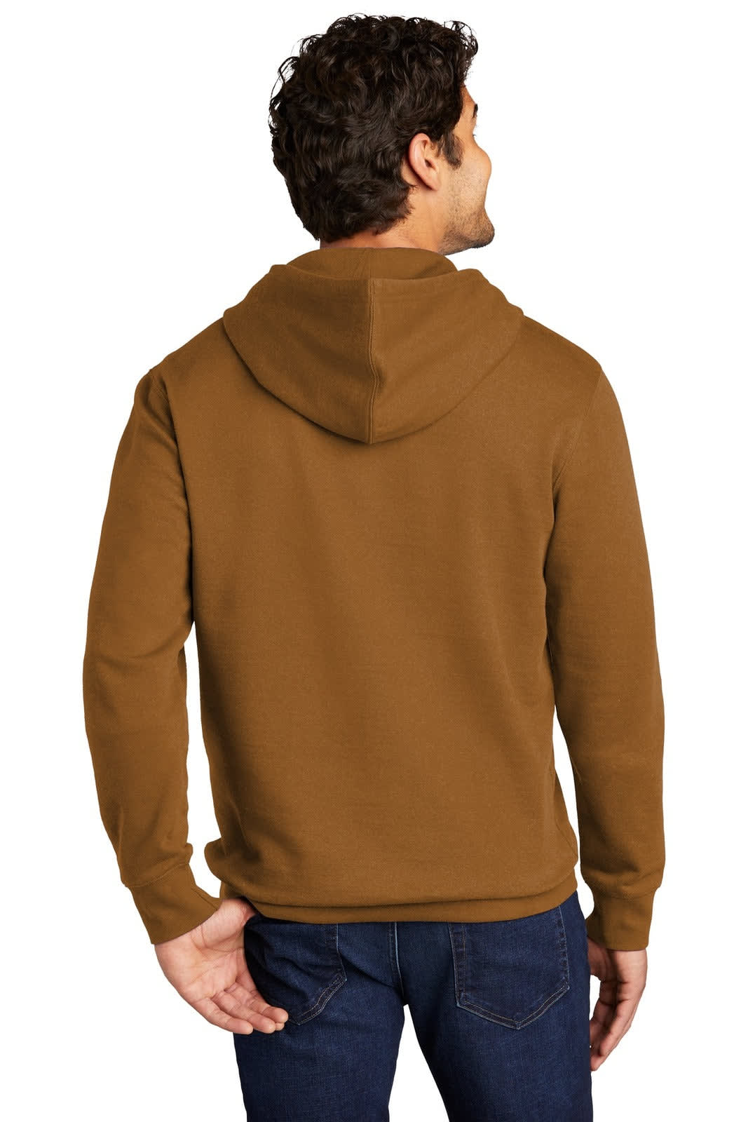 A man is wearing a brown fleece hoodie, showing the back view, with a hood. The style is casual and relaxed.