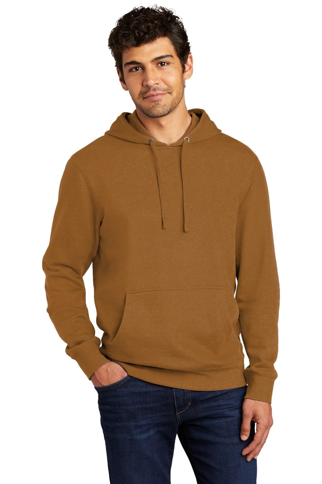 A brown fleece hoodie with a front pocket and adjustable drawstring hood, featuring a logo on the front.
