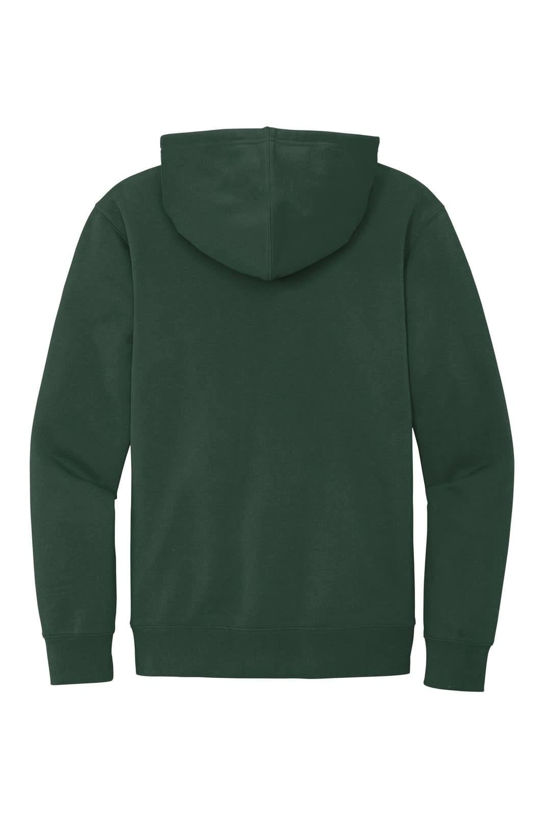 A green fleece hoodie with a hood, featuring a plain back and fitted cuffs. It has a logo on one side.