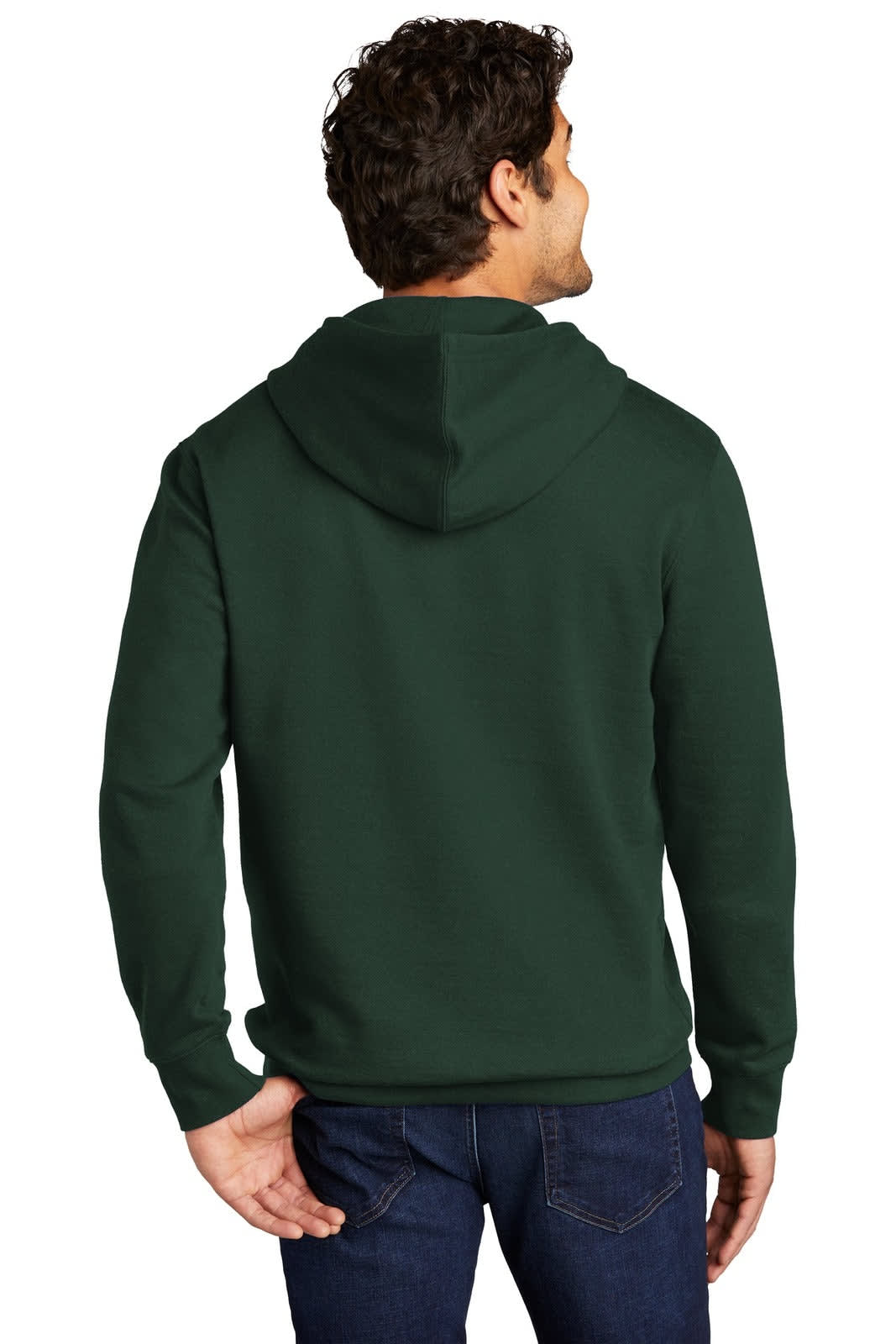 A green fleece hoodie with a hood, seen from the back, worn by a man. The hoodie has a logo.