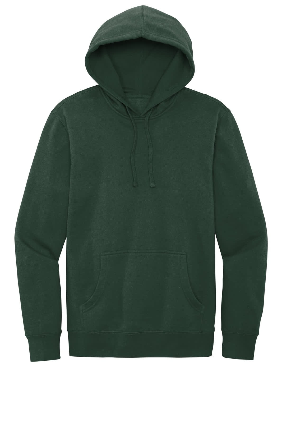 A dark green fleece hoodie featuring a front pocket and a drawstring hood. It has a logo on it.