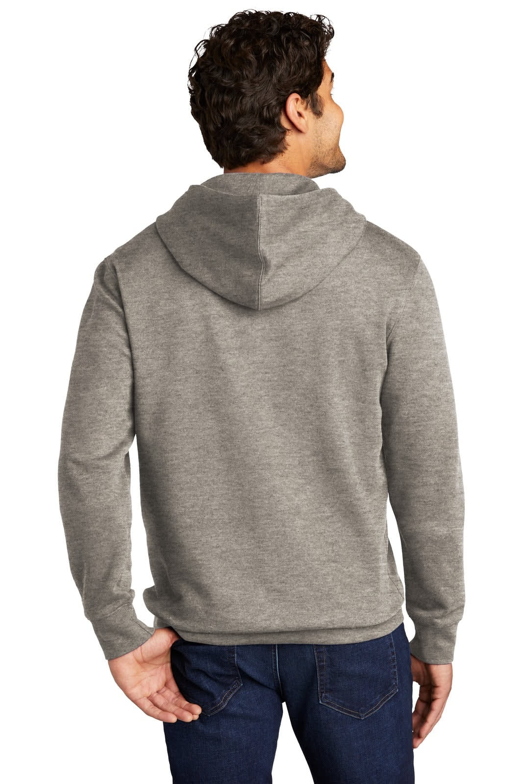 A grey fleece hoodie featuring a back view with a hood. Includes a logo on the back.