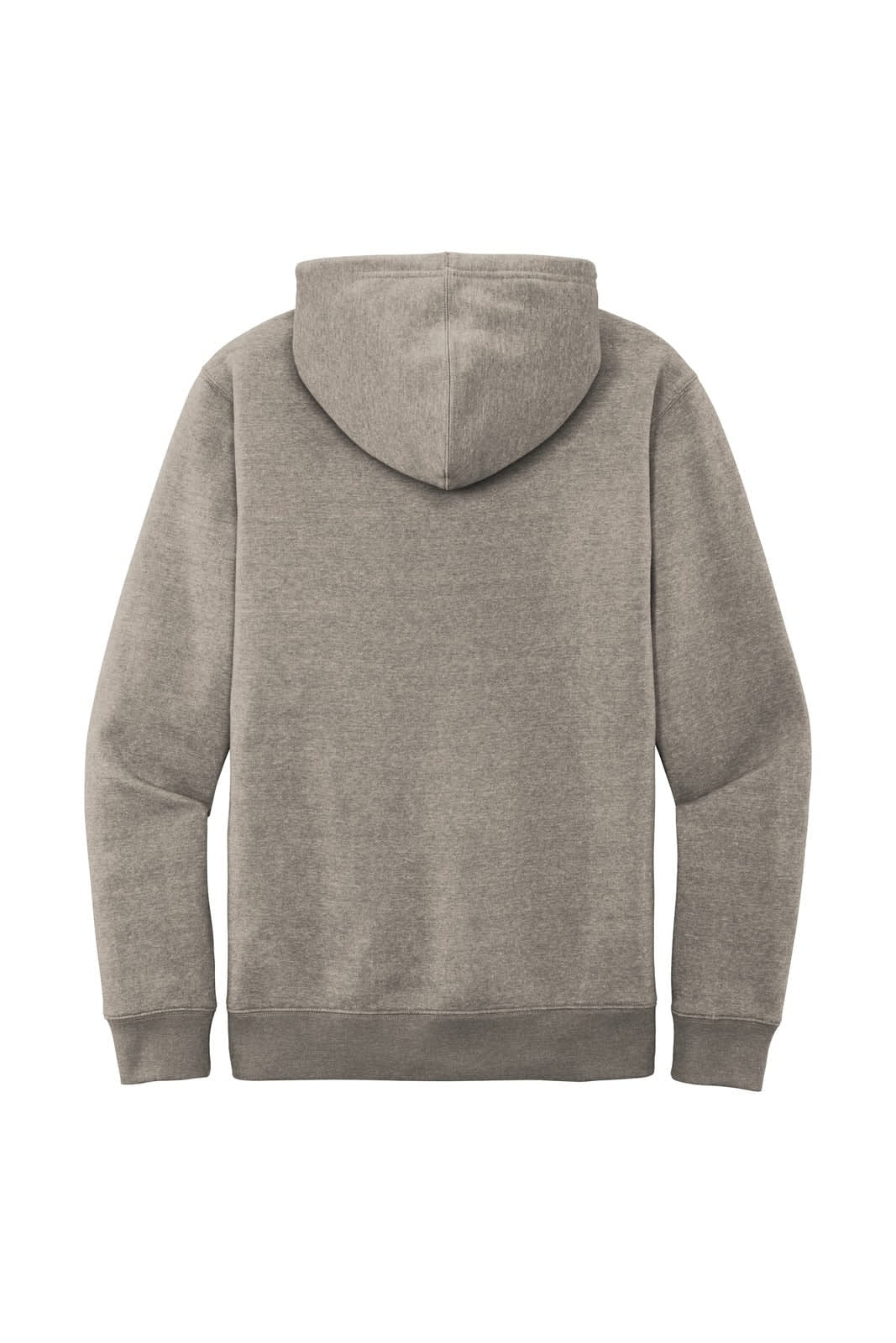A grey fleece hoodie with a hood and long sleeves, featuring a plain back design.