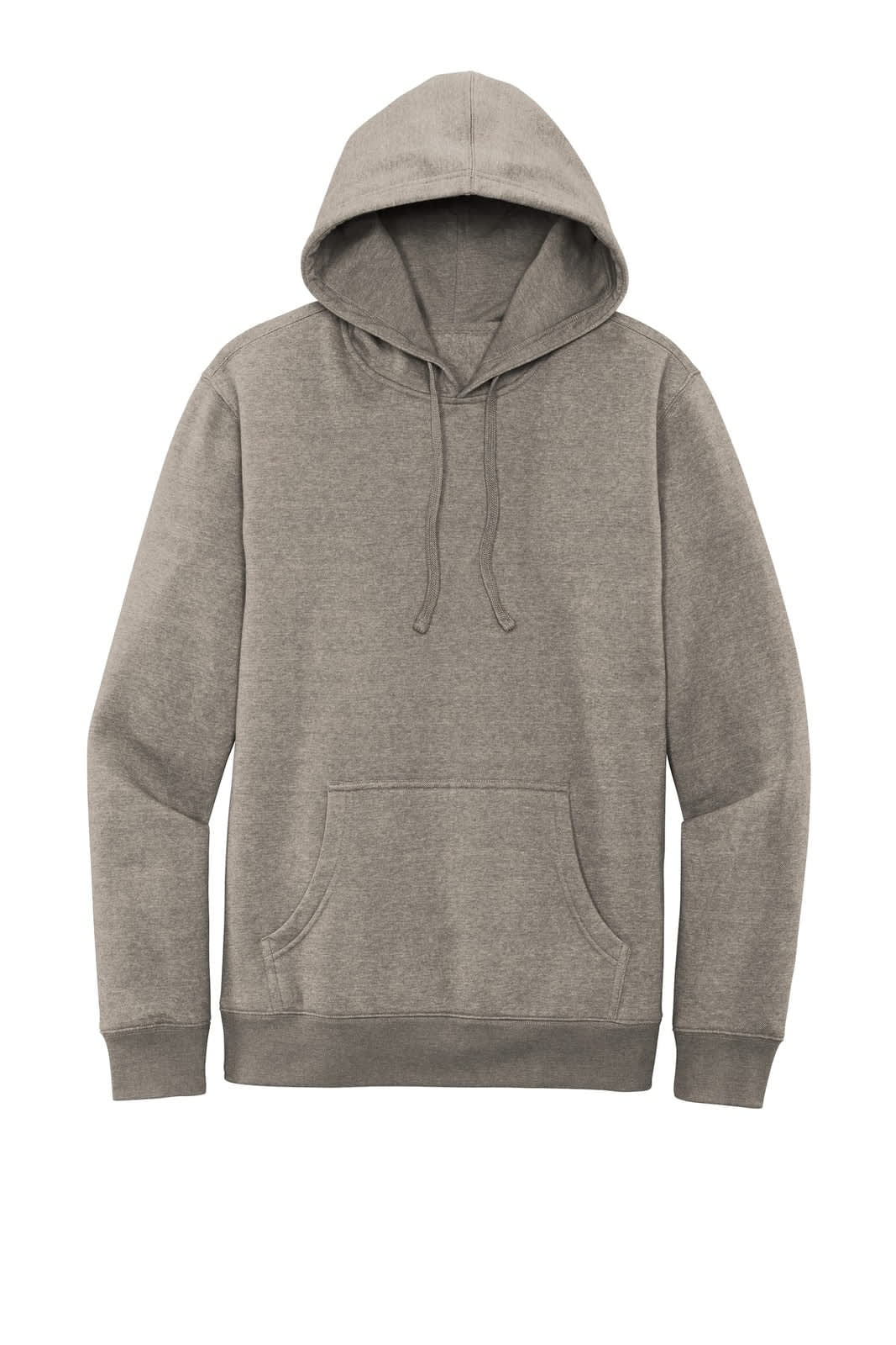 A grey fleece hoodie featuring a front pouch pocket and a drawstring hood, with a logo present.