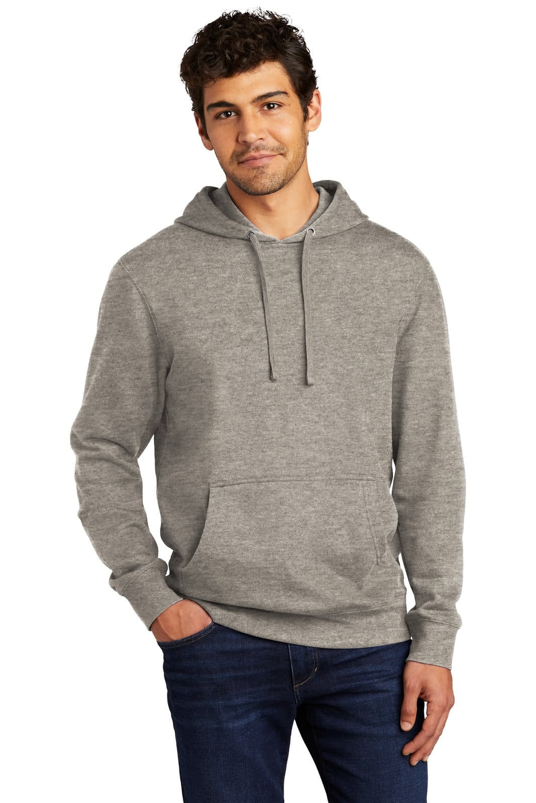 A grey fleece hoodie with a front pocket and hood, worn by a man standing in casual attire.
