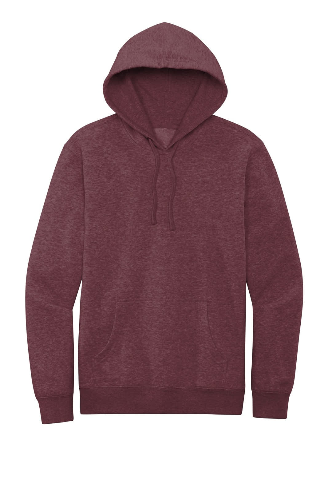 A maroon fleece hoodie featuring a pouch pocket and a hood, with a logo on the front.