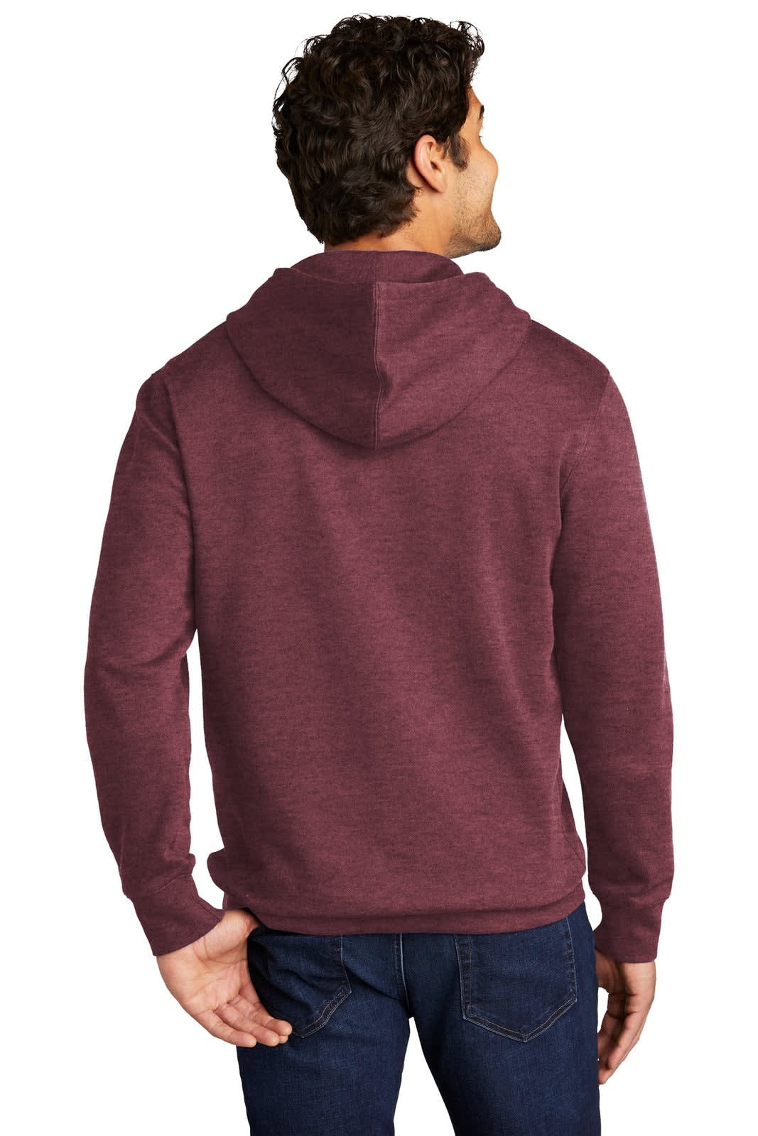 A maroon fleece hoodie with a kangaroo pocket and hood, featuring a logo on the back.