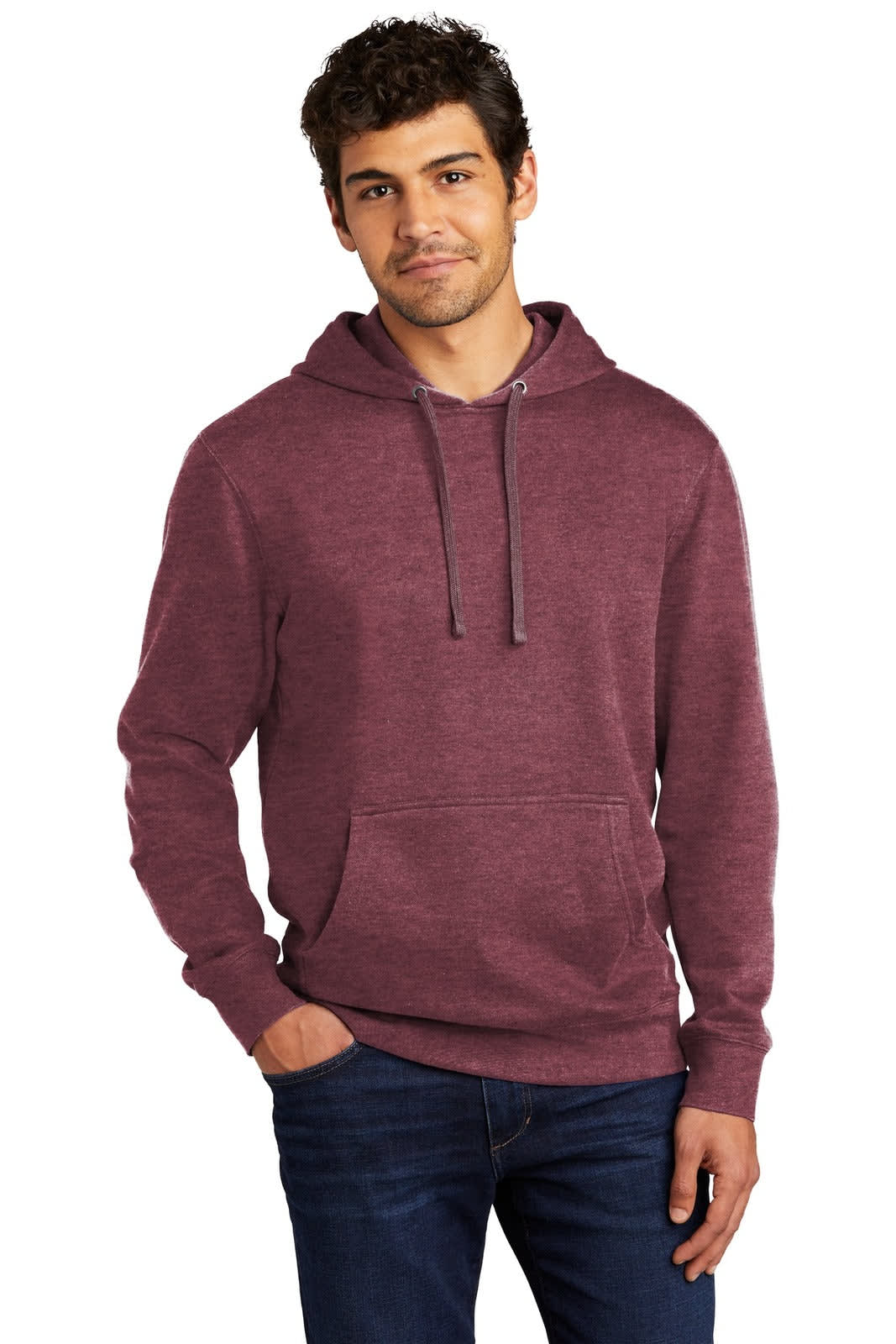 A maroon fleece hoodie with a front pocket and a drawstring hood, worn by a male model. Features a logo.
