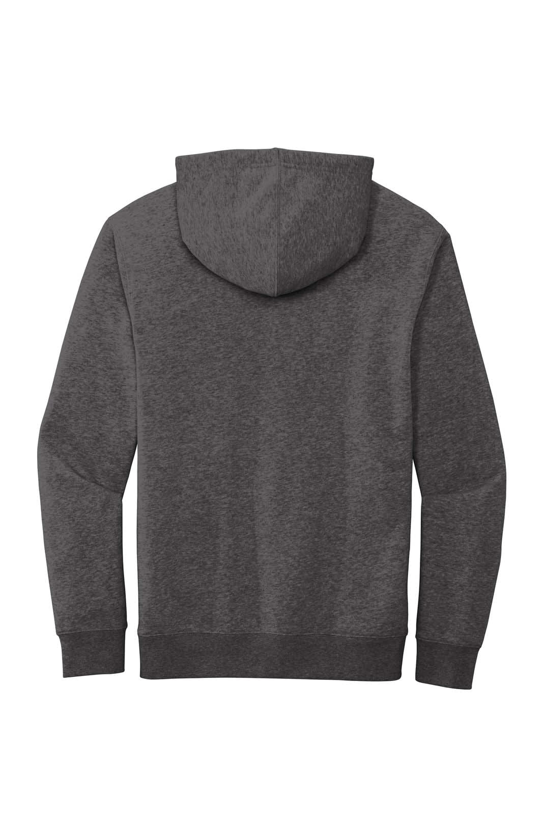 A grey fleece hoodie featuring a hood and long sleeves, with a branding logo on the back.