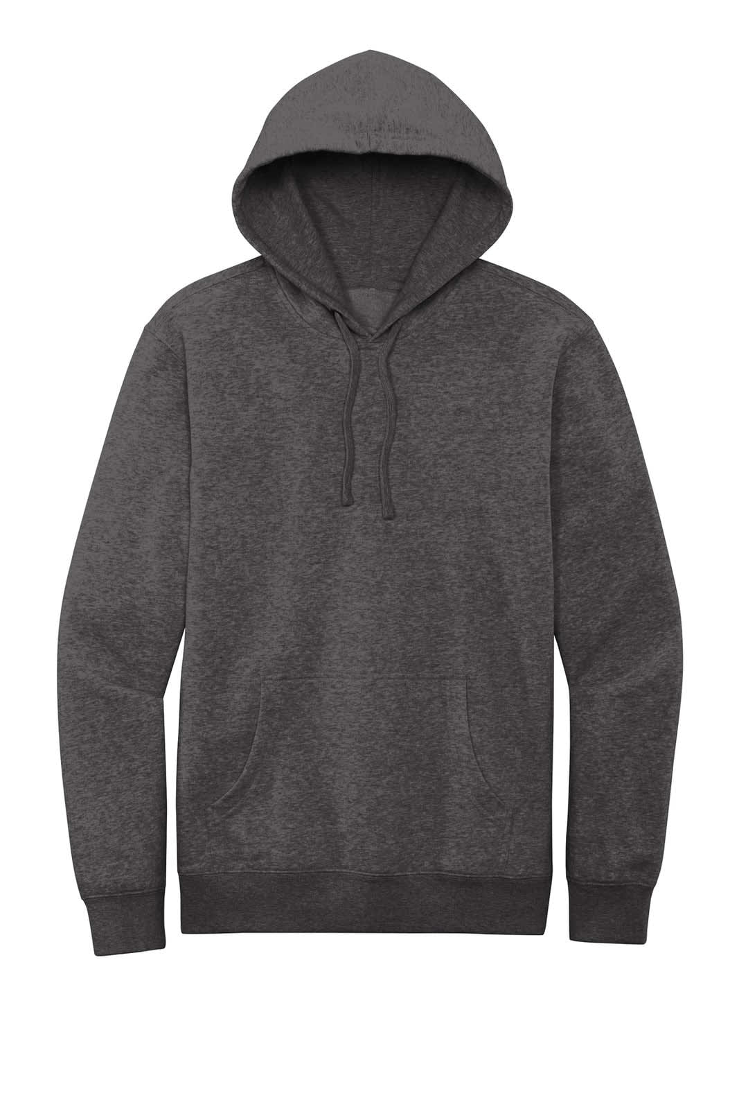 A dark grey fleece hoodie featuring a front pocket and a drawstring hood. It includes a logo.