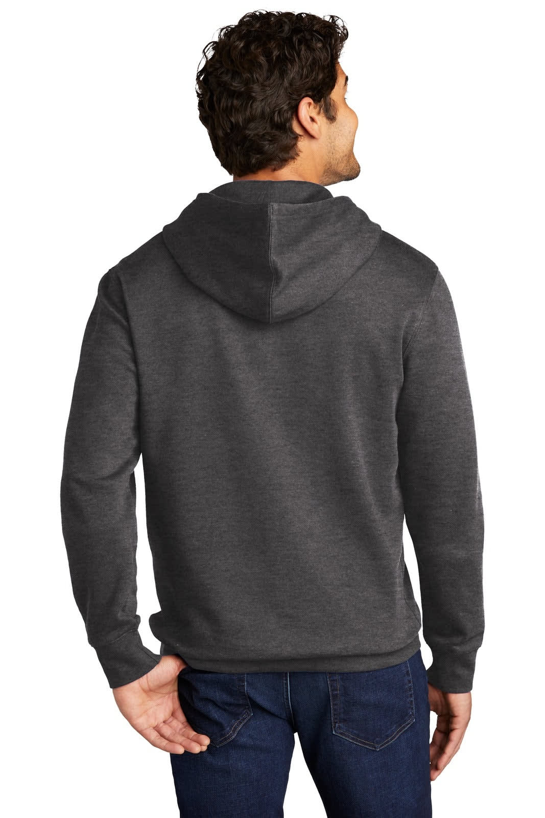 A men’s grey fleece hoodie with a back view, featuring a hood and long sleeves. It has a logo on the front.