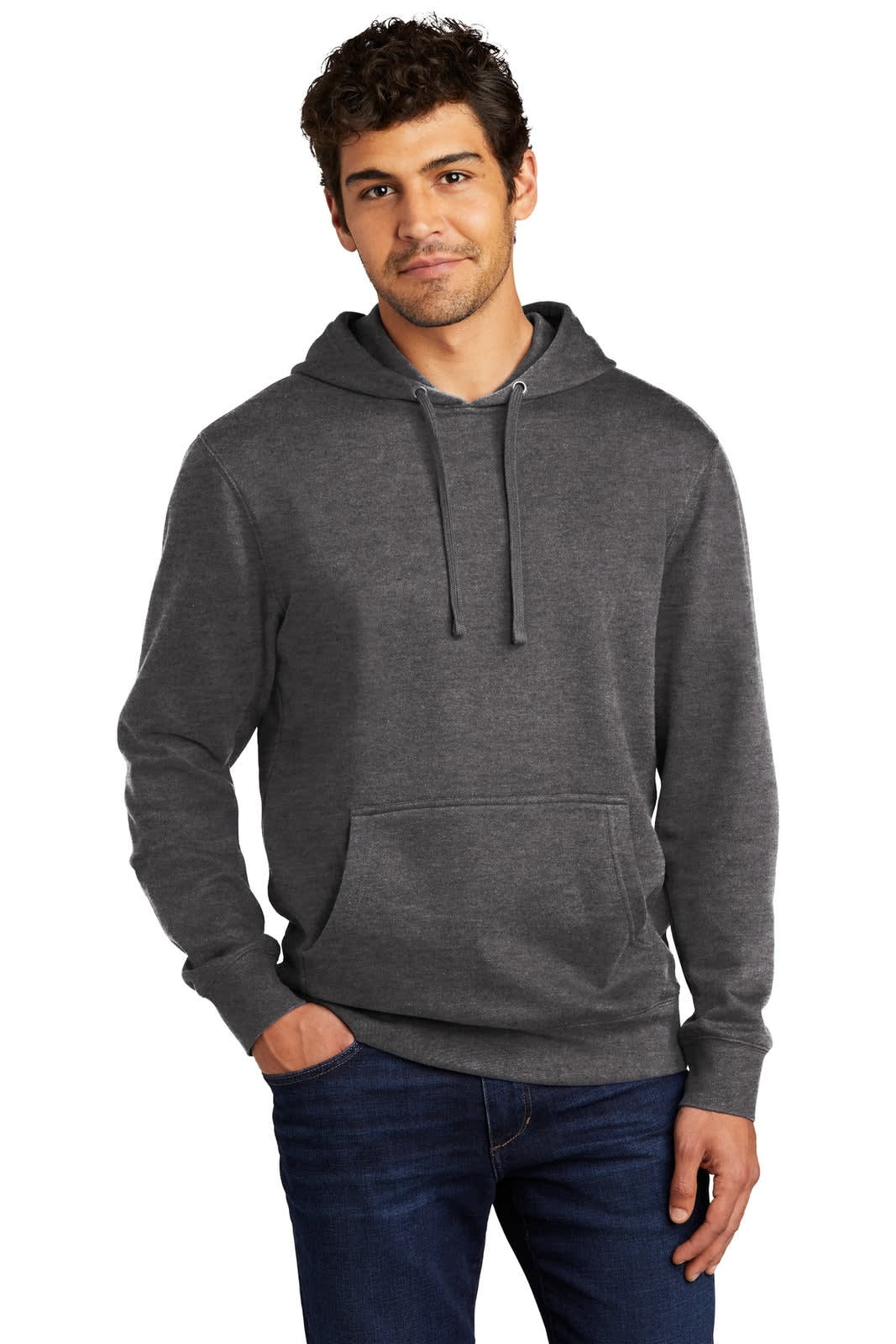 A grey fleece hoodie with a front pocket and drawstring, worn by a male model. It features a logo.