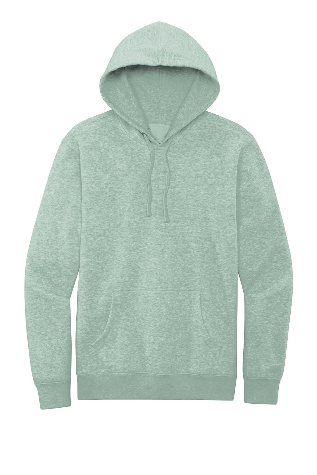 A light green fleece hoodie with a classic kangaroo pocket and a drawstring hood. Features a logo on the chest.