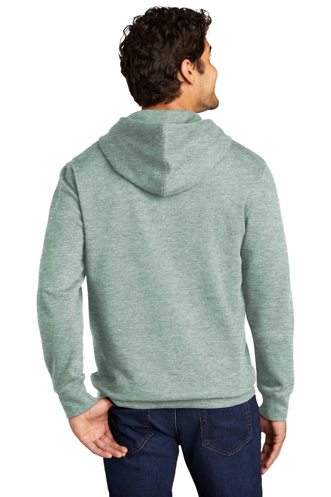A man wearing a grey hoodie with a back view, featuring a kangaroo pocket and a hood.