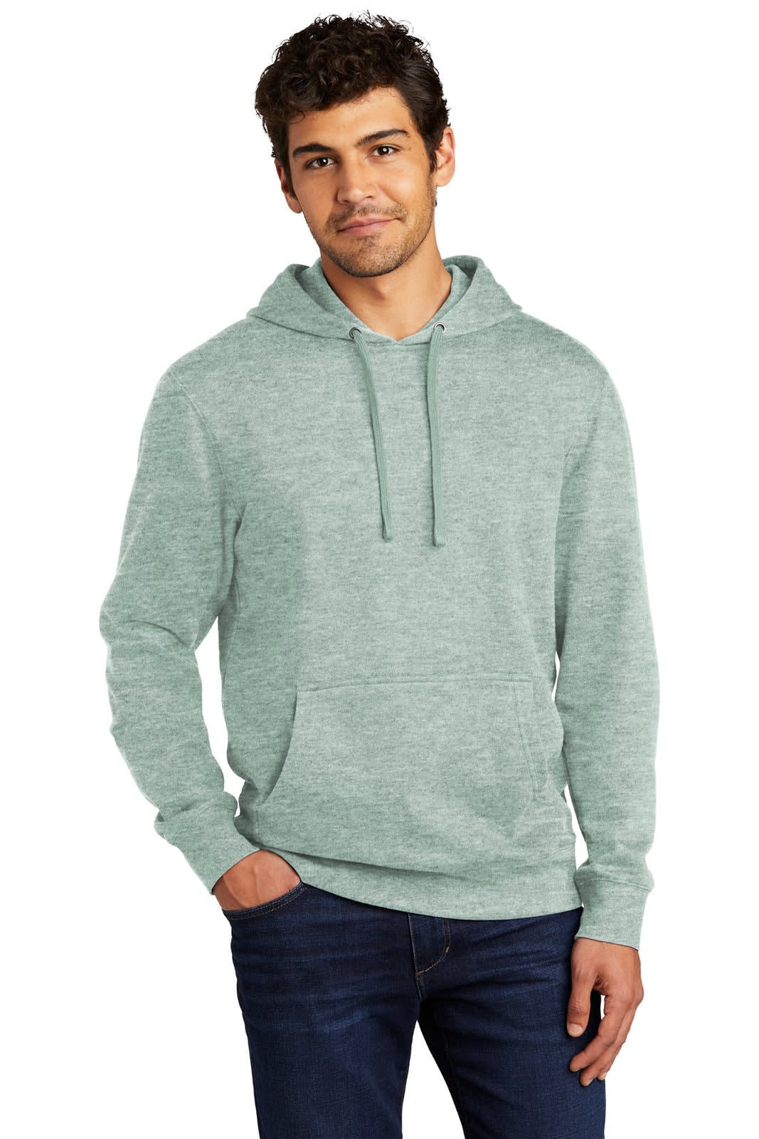 A green fleece hoodie with a drawstring hood, front pocket, and a logo on the chest.