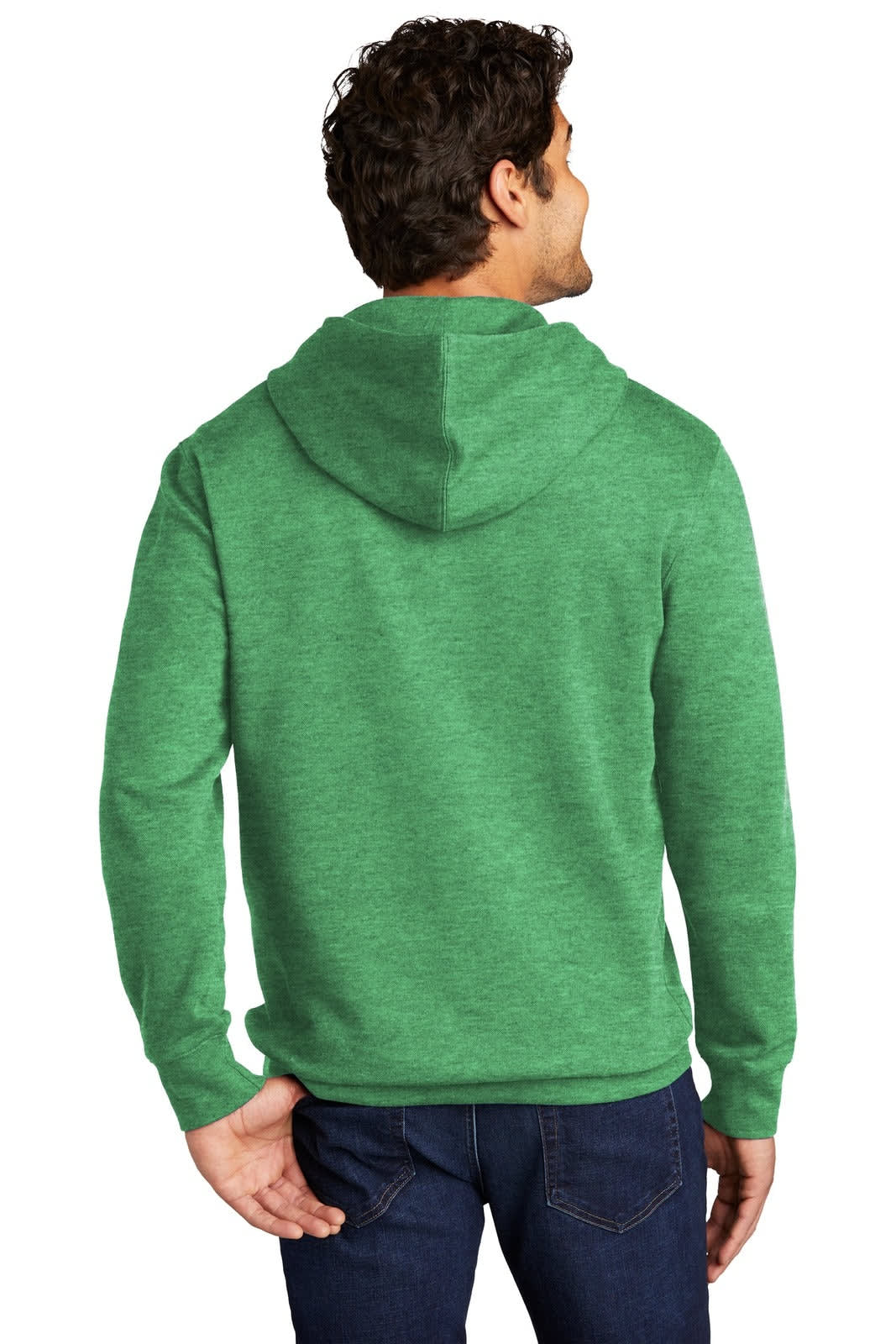 A green fleece hoodie with a hood, view from the back, worn by a man. It features a branding logo.